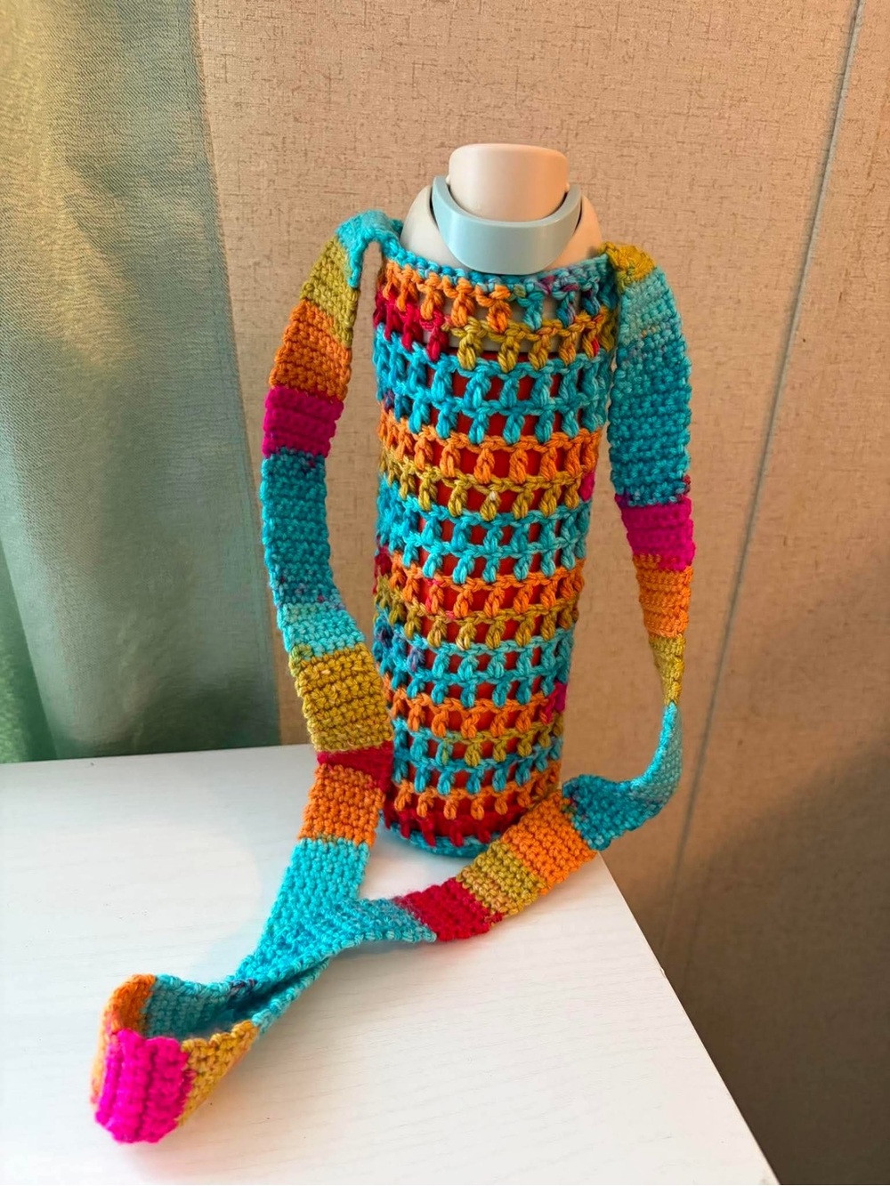 Hand Crafted Turquoise, Orange, Yellow, Pink, Red Crochet Bottle Holder